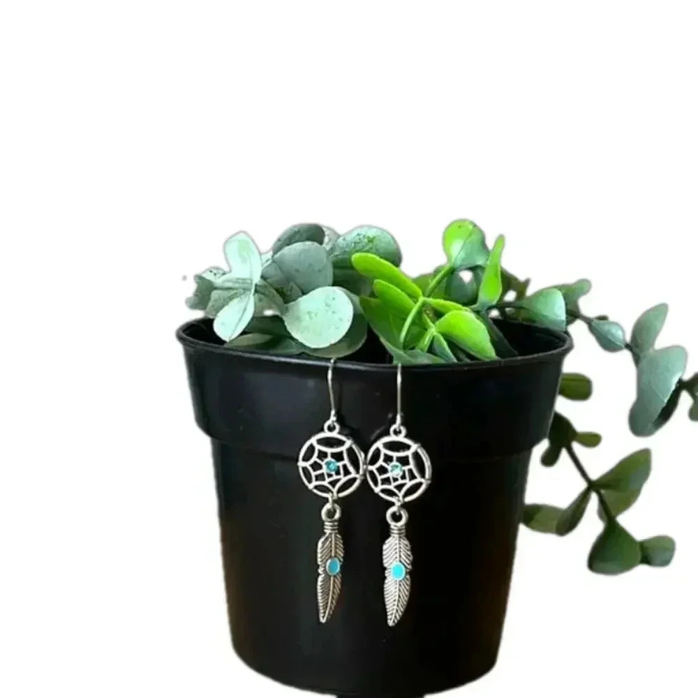 New‎ boho earrings dream catcher feather silver tone turquoise earrings